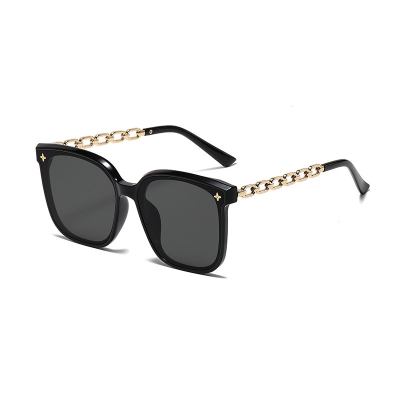 [10714] PL-H023 Kacamata Hitam Wanita Frame Model Rantai Logam Plastik Oversized Women Sunglasses Chain Frame Mode Fashion Ootd Style (PL-H023-Black)
