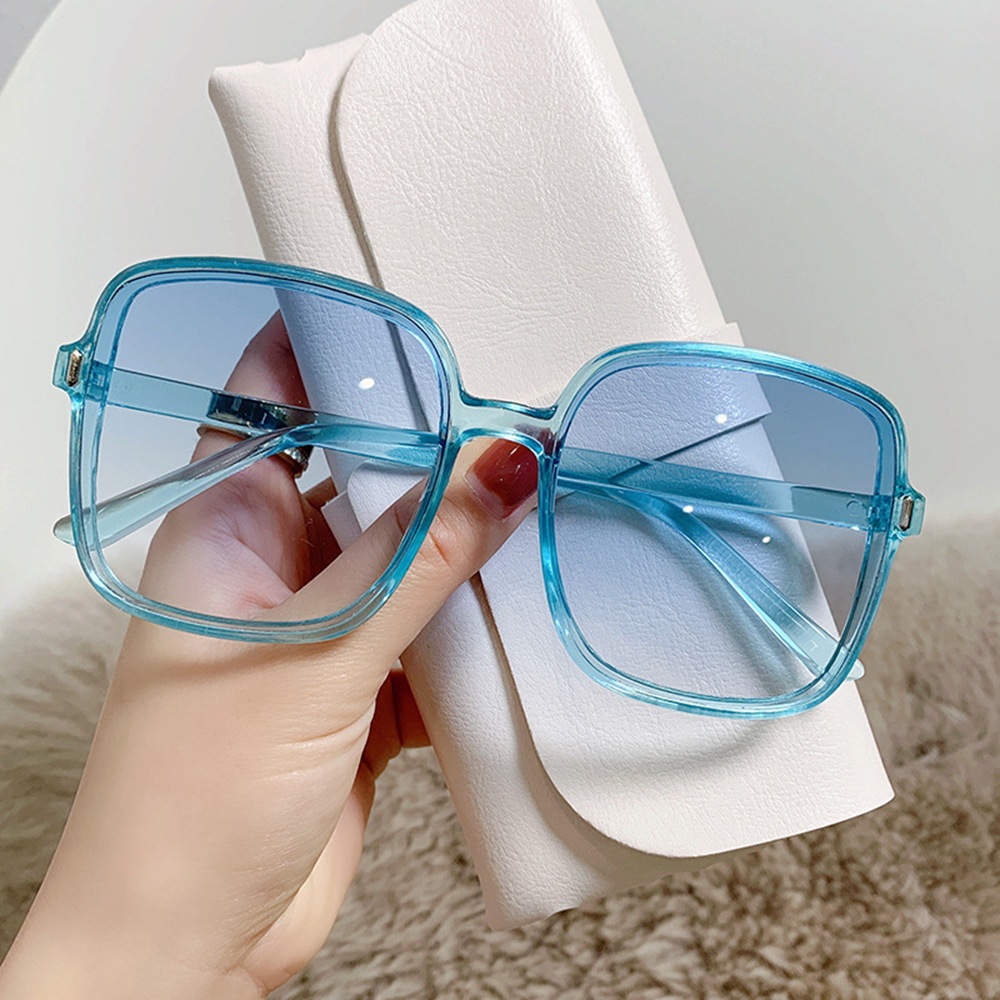 [10455] PL-WW006 Kacamata Hitam Pelindung UV Bentuk Kotak Oversize Gaya Eropa Untuk Wanita (PL-WW006-Blue Transparent)