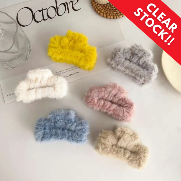 JR-A005 "Clear Stock" Jepit Rambut Bulu Bulu Jedai Wanita Cantik New Fashion Square Large Plush Fluffy Hair Claw Clips