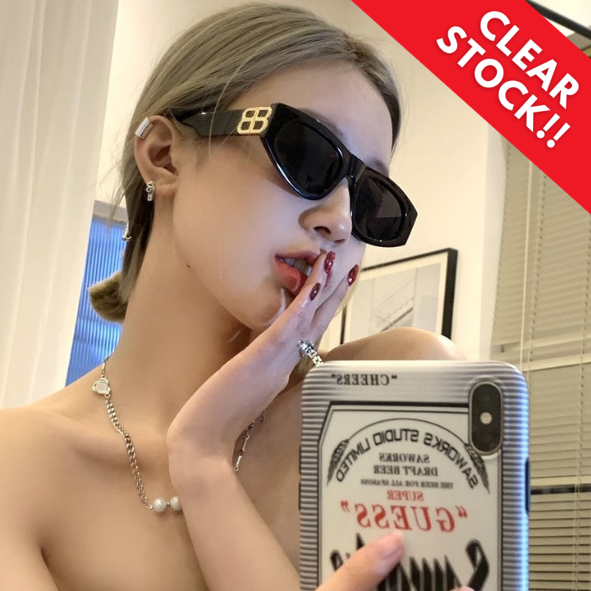 PL-H025 "Clear Stock" Kacamata Hitam Wanita Double B Logo Anti Uv Fashion Retro Vintage Frame Persegi Minimalis Kekinian